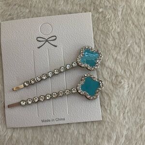 Turquoise Crystal Flower Bobby Pin Set - Elegant Kids Hair Clips